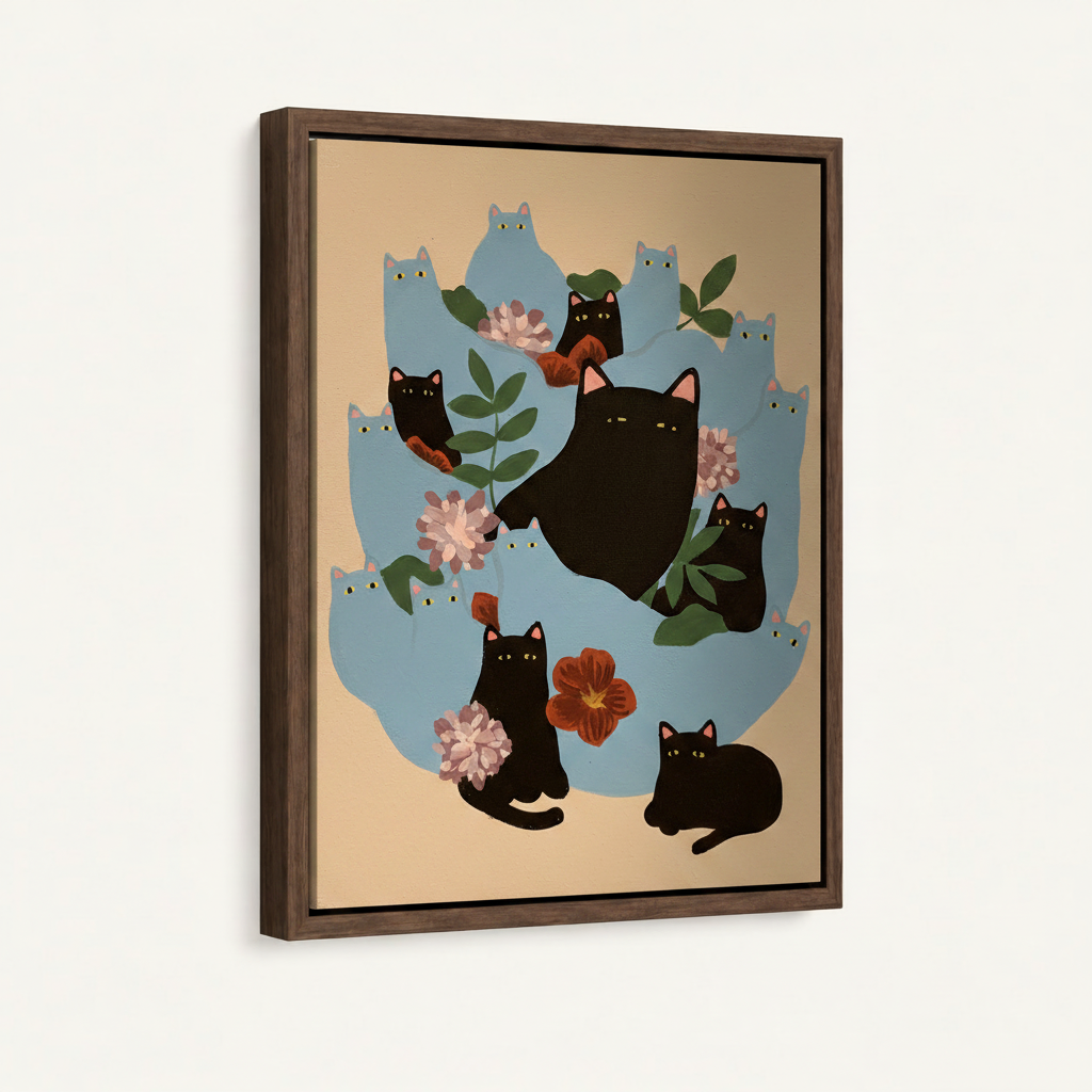 Dark walnut floater frame canvas with black cats and flowers, 3/4 angle product view on white background