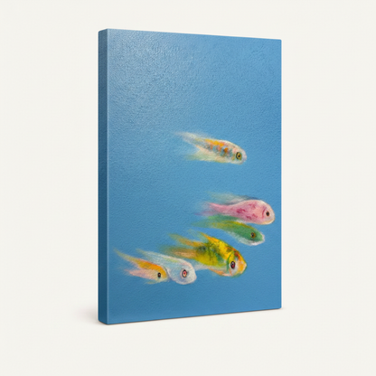 Gallery wrap canvas of four colorful fish on soft blue background, 3/4 angle product view