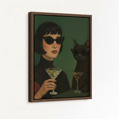 Dark walnut float frame canvas of a woman and black cat in cat-eye sunglasses toasting martinis, angled view