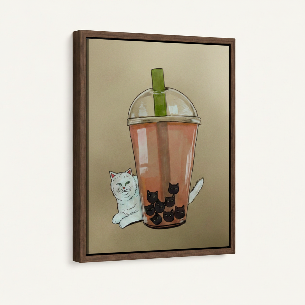 Dark walnut floater frame canvas with cat boba tea illustration, 3/4 angle product view on white background