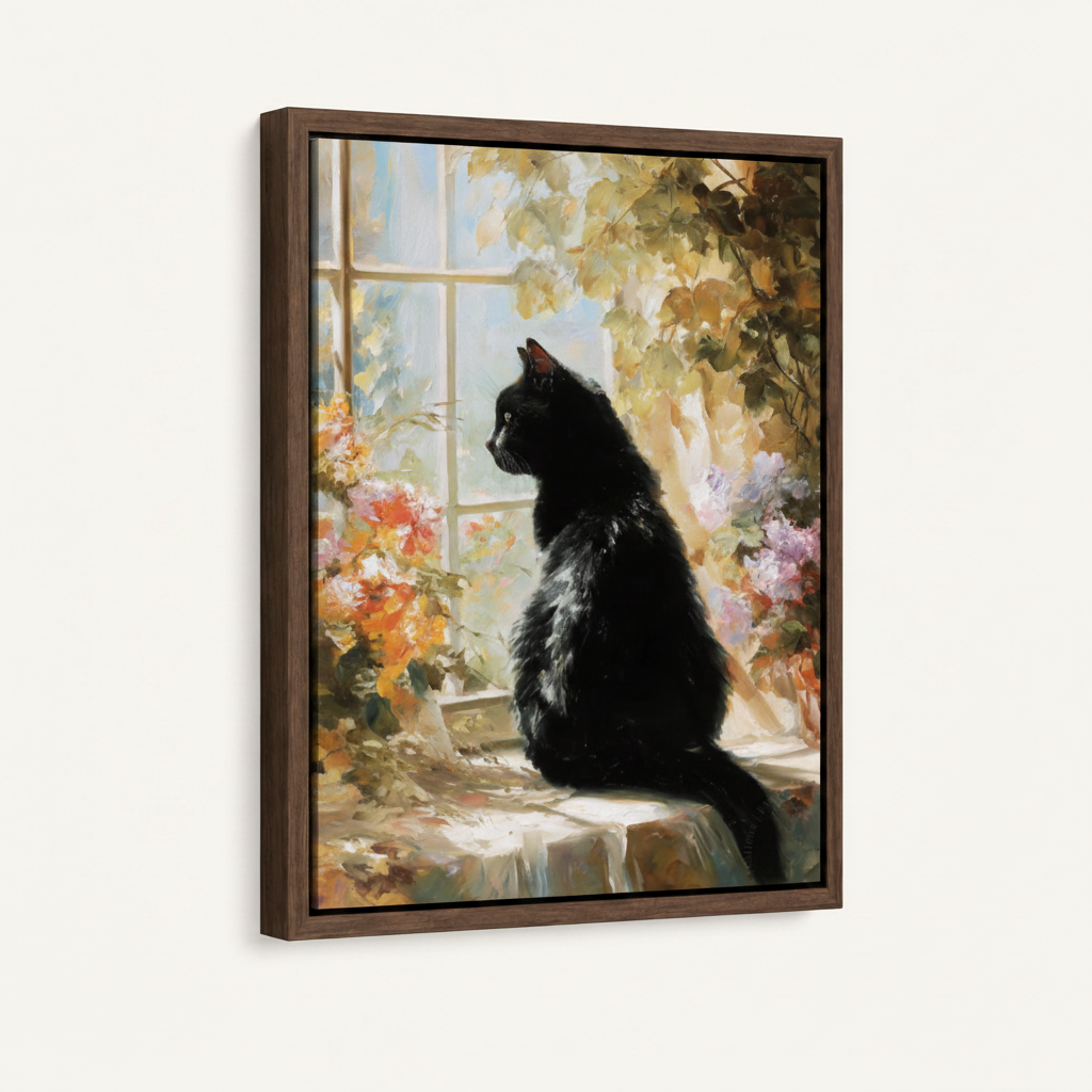  Framed black cat impressionist floral canvas print in dark walnut float frame, angled product view on white background