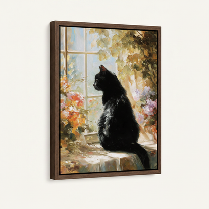  Framed black cat impressionist floral canvas print in dark walnut float frame, angled product view on white background
