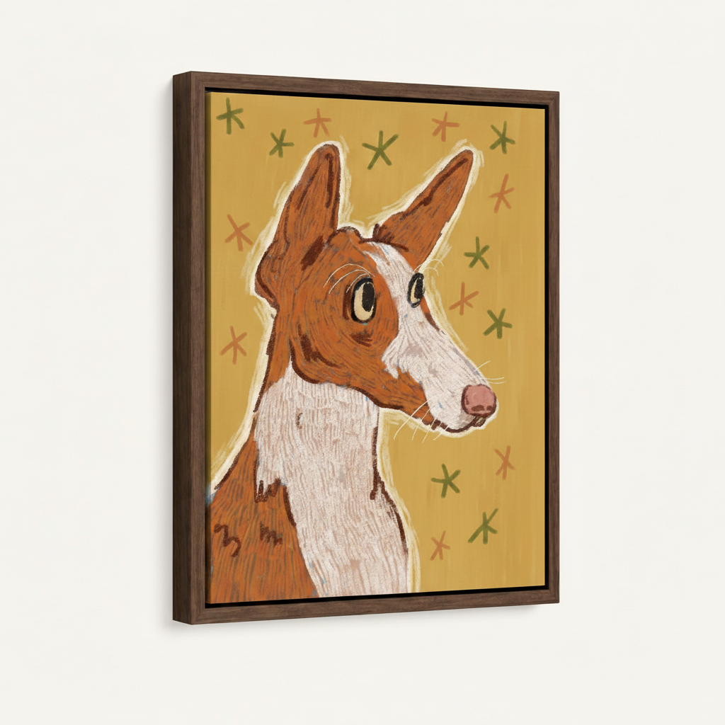 Ibizan Hound portrait canvas in dark walnut floating frame, angled product view on white background