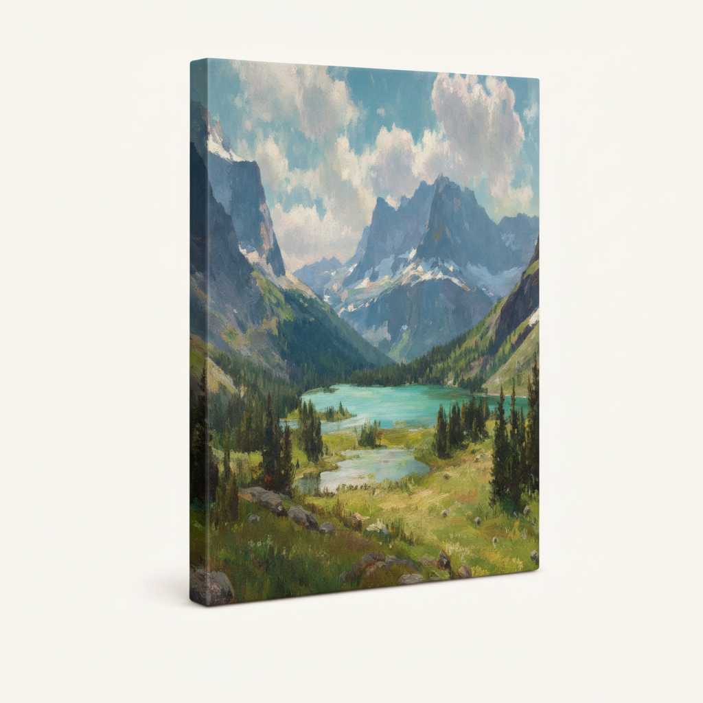 Scenic alpine lake stretched canvas print – unframed mountain landscape oil painting with pine forest and green meadow by Aurewall