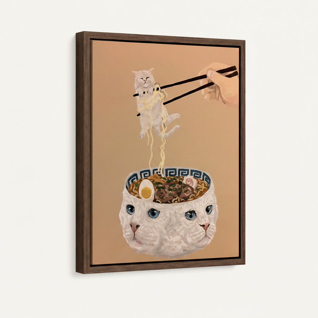 Framed cat ramen canvas wall art in dark walnut floater frame on white background