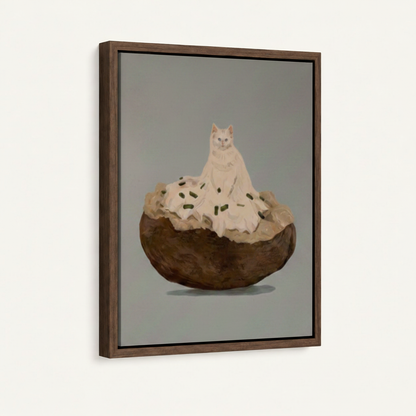 Dark walnut floater frame canvas with white cat sitting on loaded baked potato, 3/4 angle on white background