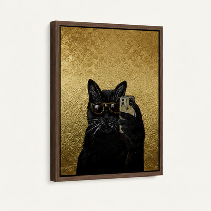 Black cat selfie gold background canvas in dark walnut float frame, white background product mockup