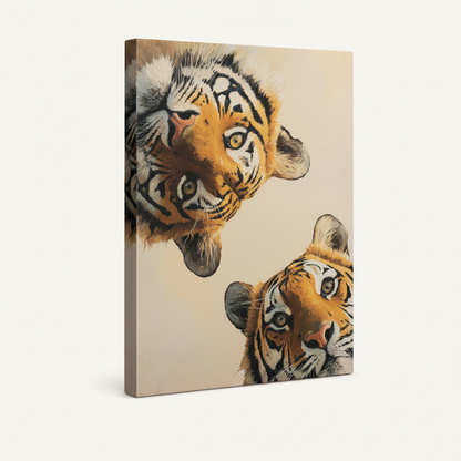 Stretched canvas of two Bengal tigers in dramatic portrait, cream background, side angle view