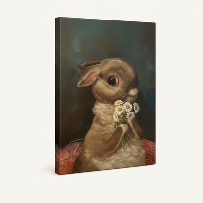 Gallery wrap canvas of rabbit holding daisy bouquet, classical oil painting style, three-quarter side view