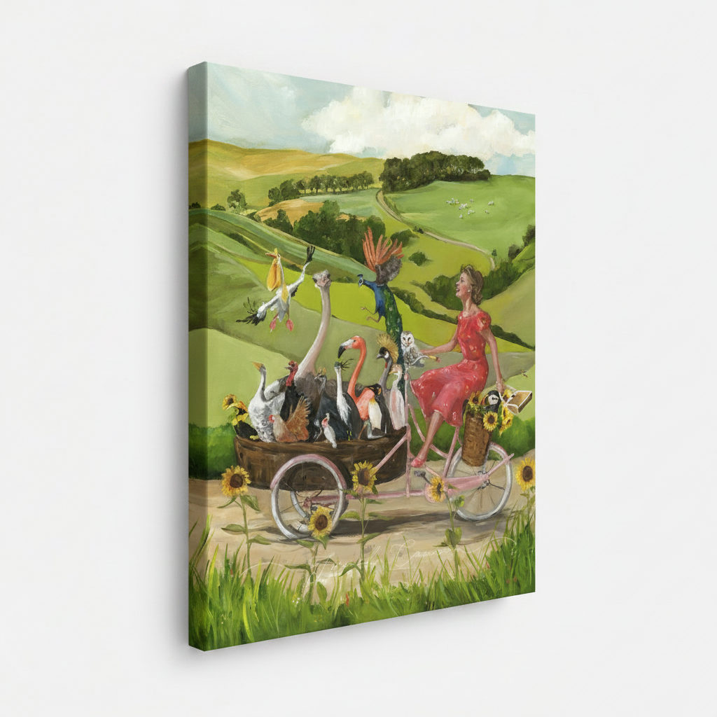 Whimsical cycling birds stretched canvas print – unframed colorful surreal illustration with woman biking through sunflower countryside by Aurewall