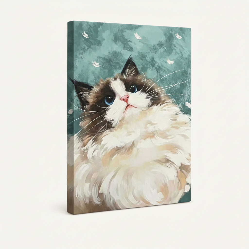 Gallery wrap canvas print of fluffy blue-eyed cat painting shown at angle on cream background