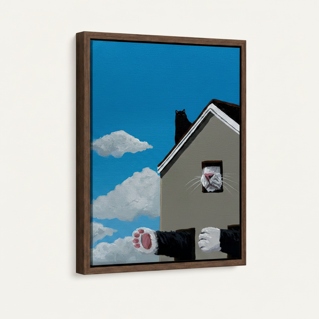 Framed cats rooftop canvas in dark walnut floater frame shown at 3/4 angle on white background