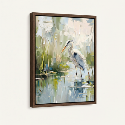 Heron canvas in dark walnut floater frame – 45-degree side view showing impasto texture and frame depth