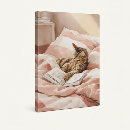 Stretched canvas of tabby cat lying on pink striped bed with open book, pastel illustration style
