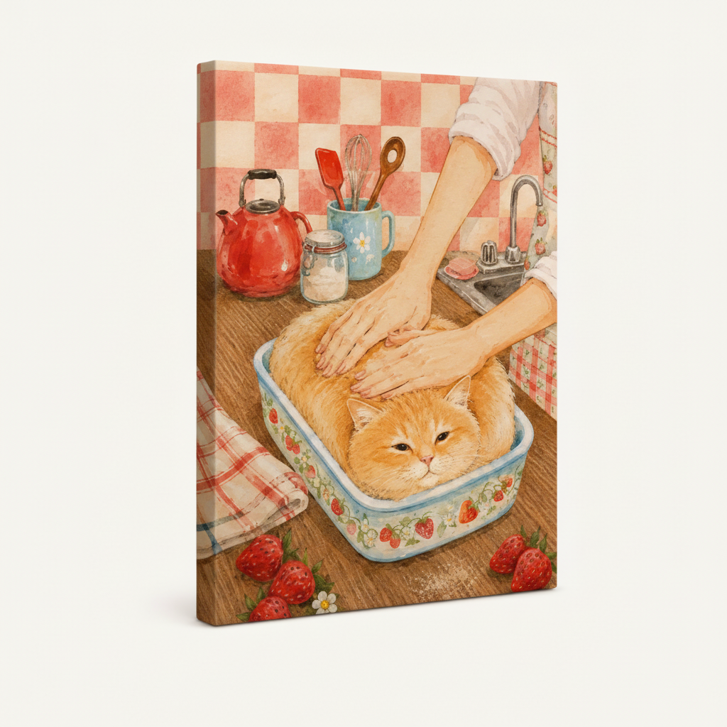 Stretched canvas cat loaf illustration product mockup on neutral background
