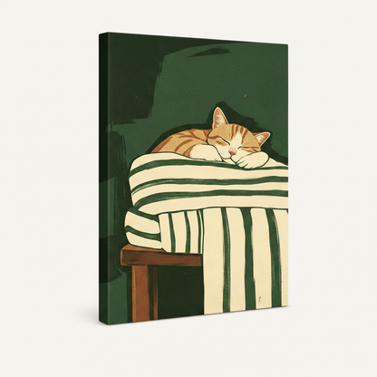 Gallery wrap canvas of sleeping orange cat on green striped sofa, 3/4 angle product view
