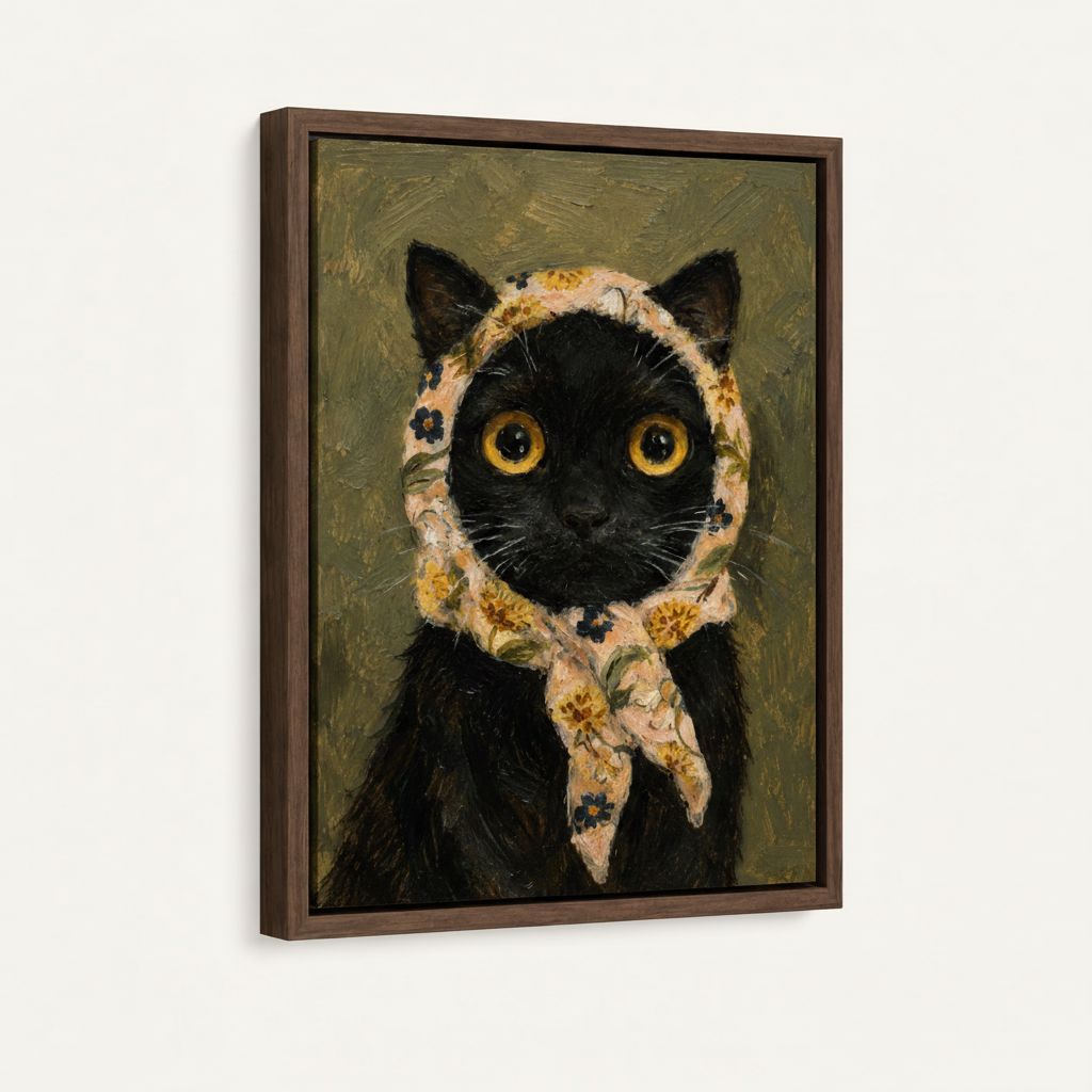 Black cat oil painting in dark walnut floating frame, angled product view on white background