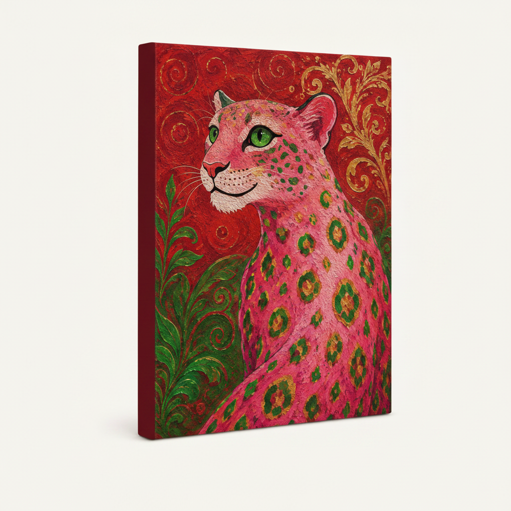 Gallery wrap canvas of pink leopard baroque impasto painting shown at angle on white background, no frame