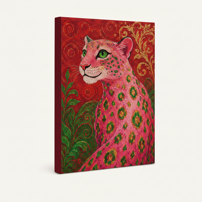 Gallery wrap canvas of pink leopard baroque impasto painting shown at angle on white background, no frame
