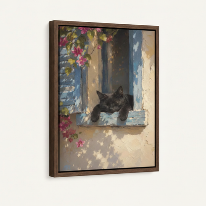 Framed black cat impressionist canvas print in dark walnut float frame on white background, angled view