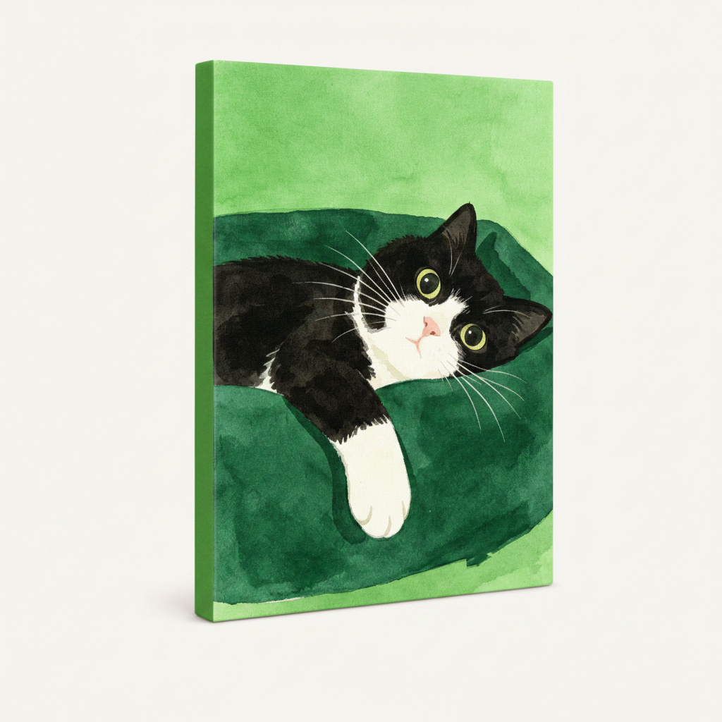 Gallery wrap canvas of black and white cat on green cushion, 3/4 angle product view