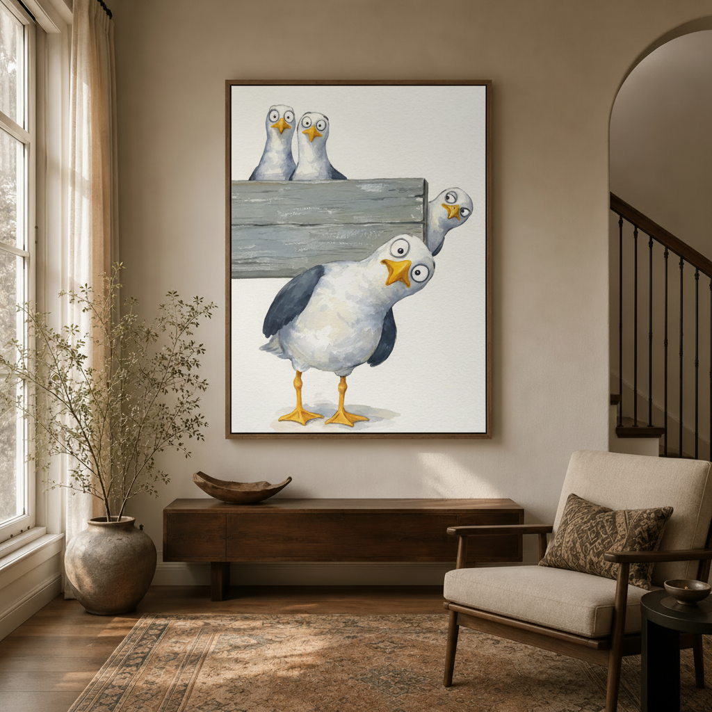 Funny bird illustrated wall art hung in a cozy entryway with natural light and linen armchair