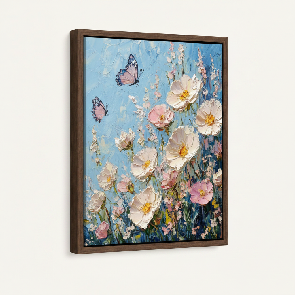 Floral butterfly canvas in dark walnut floating frame, angled product view on white background