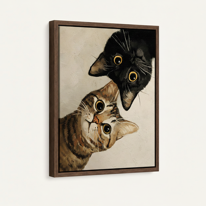 Framed curious cats canvas print in dark walnut float frame on white background product view