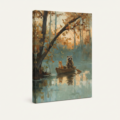 Stretched canvas print of fox and raccoon rowing through golden autumn forest, side angle view