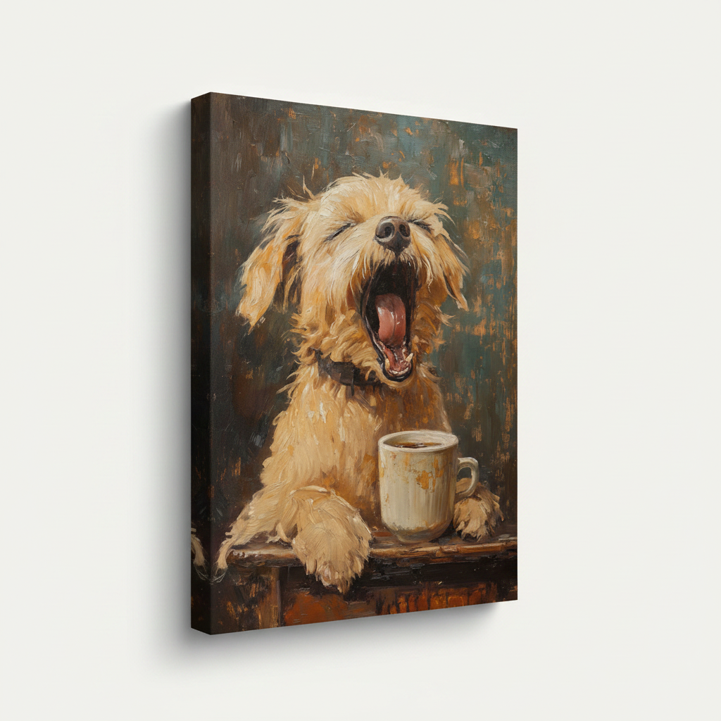 Gallery wrap canvas of whimsical dog oil painting shown at angle on white background