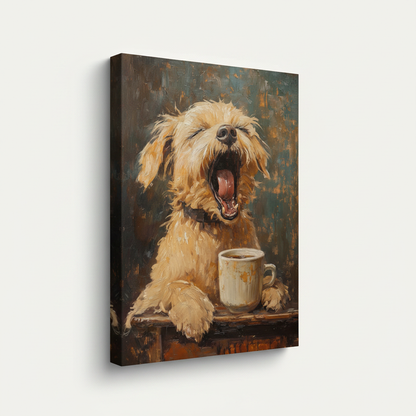 Gallery wrap canvas of whimsical dog oil painting shown at angle on white background