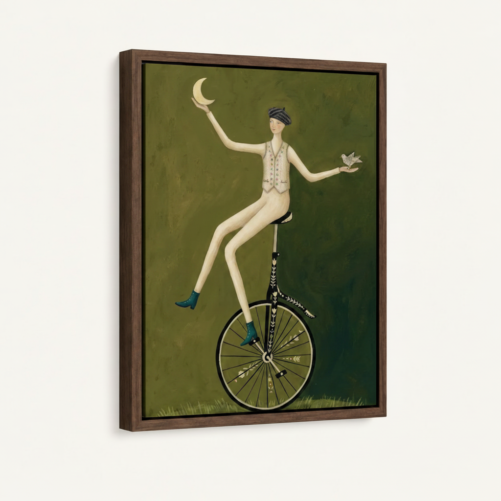 Framed folk art canvas of whimsical woman on unicycle, dark walnut float frame, 3/4 angle white background