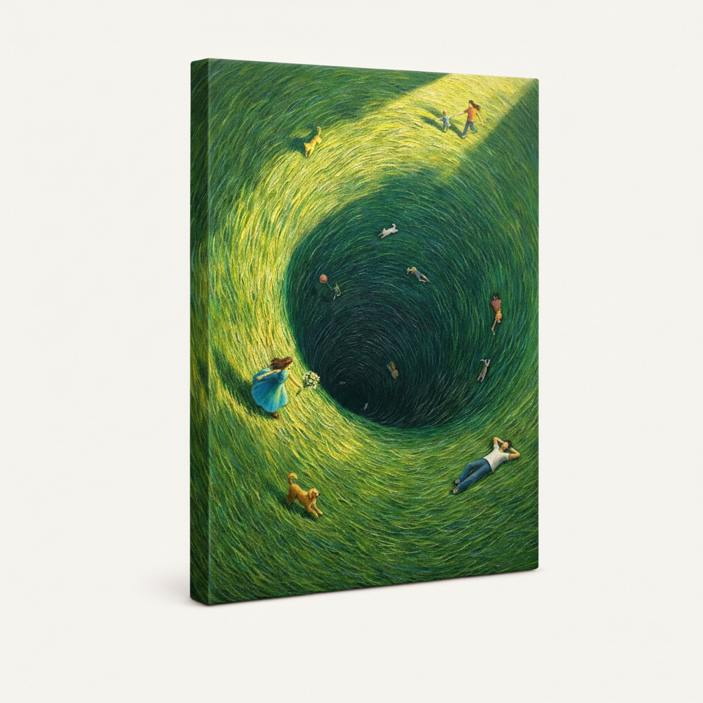  Gallery wrap canvas print of surrealist green vortex painting shown at an angle on cream background
