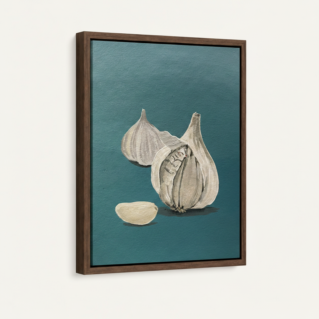 Garlic still life impasto canvas in dark walnut float frame product view on white background
