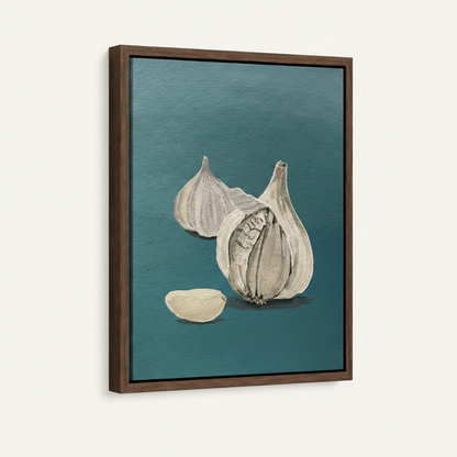 Garlic still life impasto canvas in dark walnut float frame product view on white background