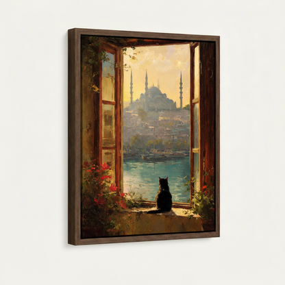 Framed Istanbul cat oil painting canvas print shown at an angle against a white background