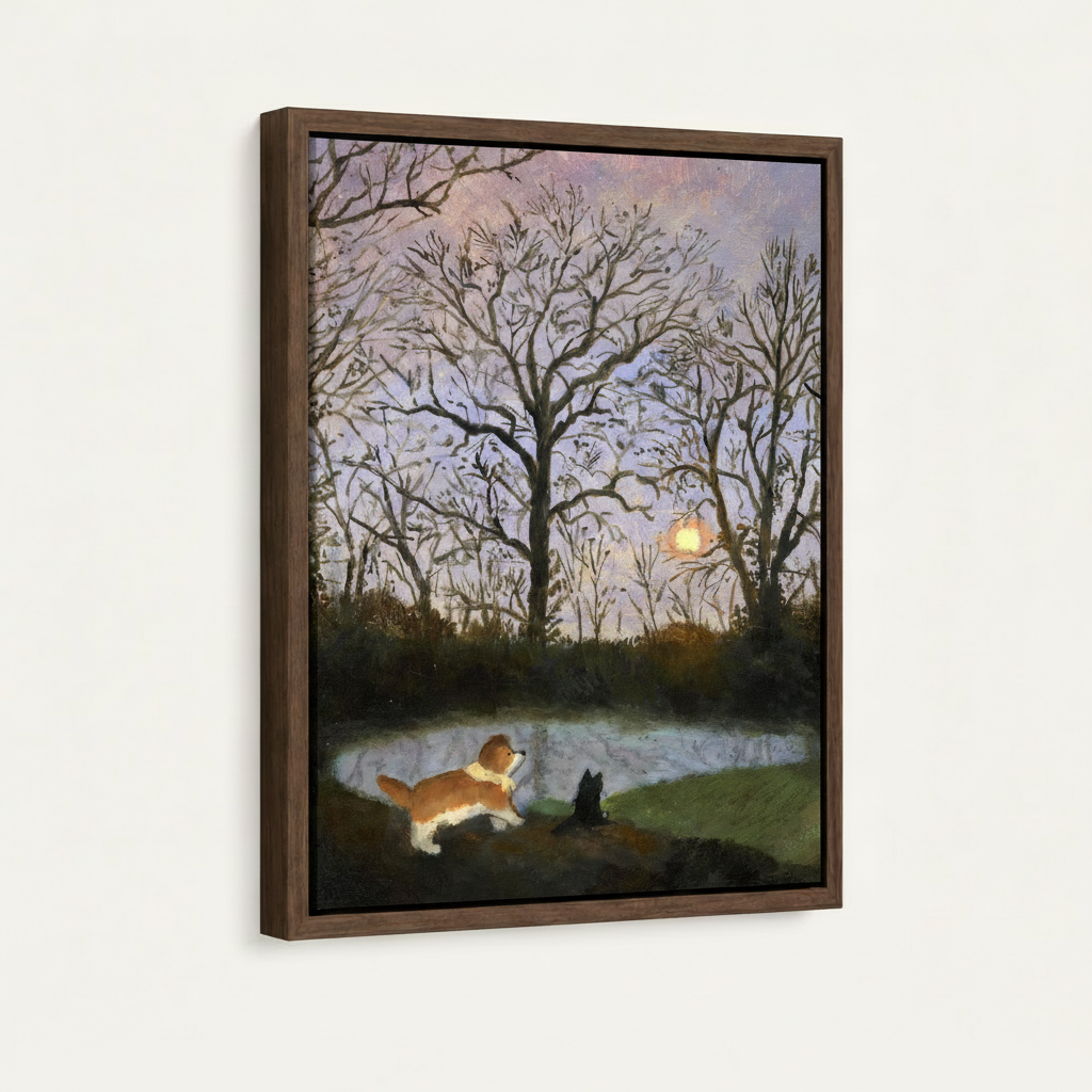 Framed corgi moonlit pond canvas print shown at an angle against a white background, dark walnut frame