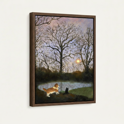 Framed corgi moonlit pond canvas print shown at an angle against a white background, dark walnut frame