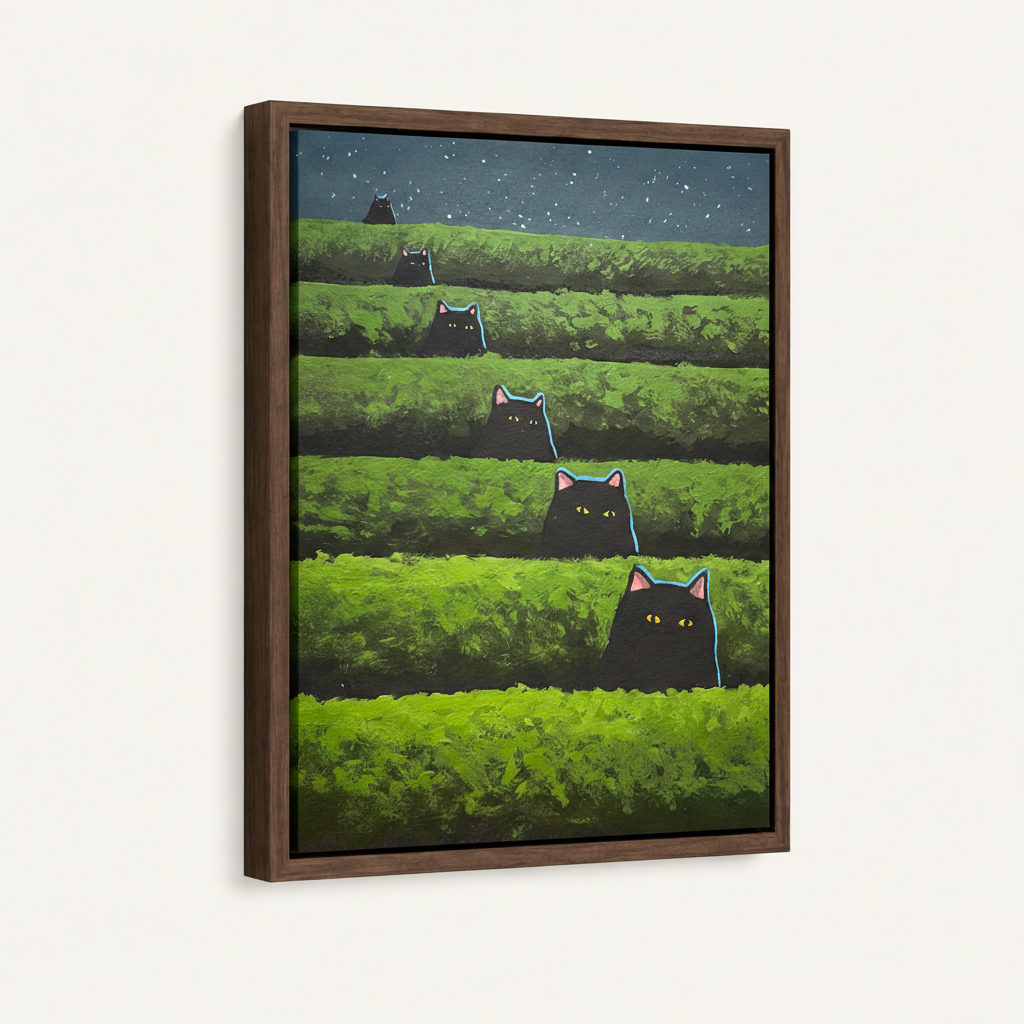 Framed canvas black cat art in dark walnut float frame angled view on white background