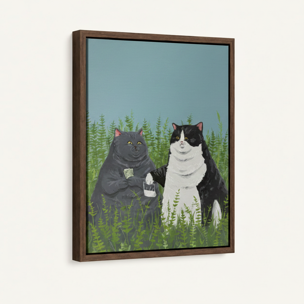 Two cats fern illustration in dark walnut float frame, white background portrait product mockup