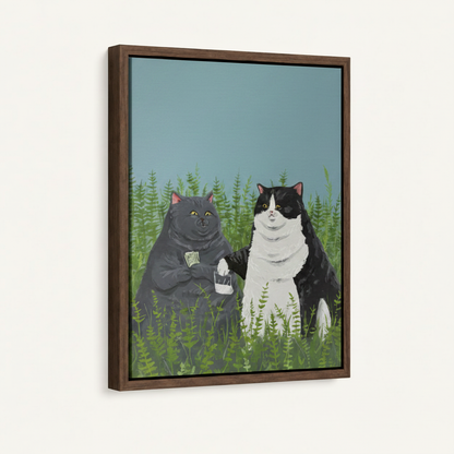 Two cats fern illustration in dark walnut float frame, white background portrait product mockup