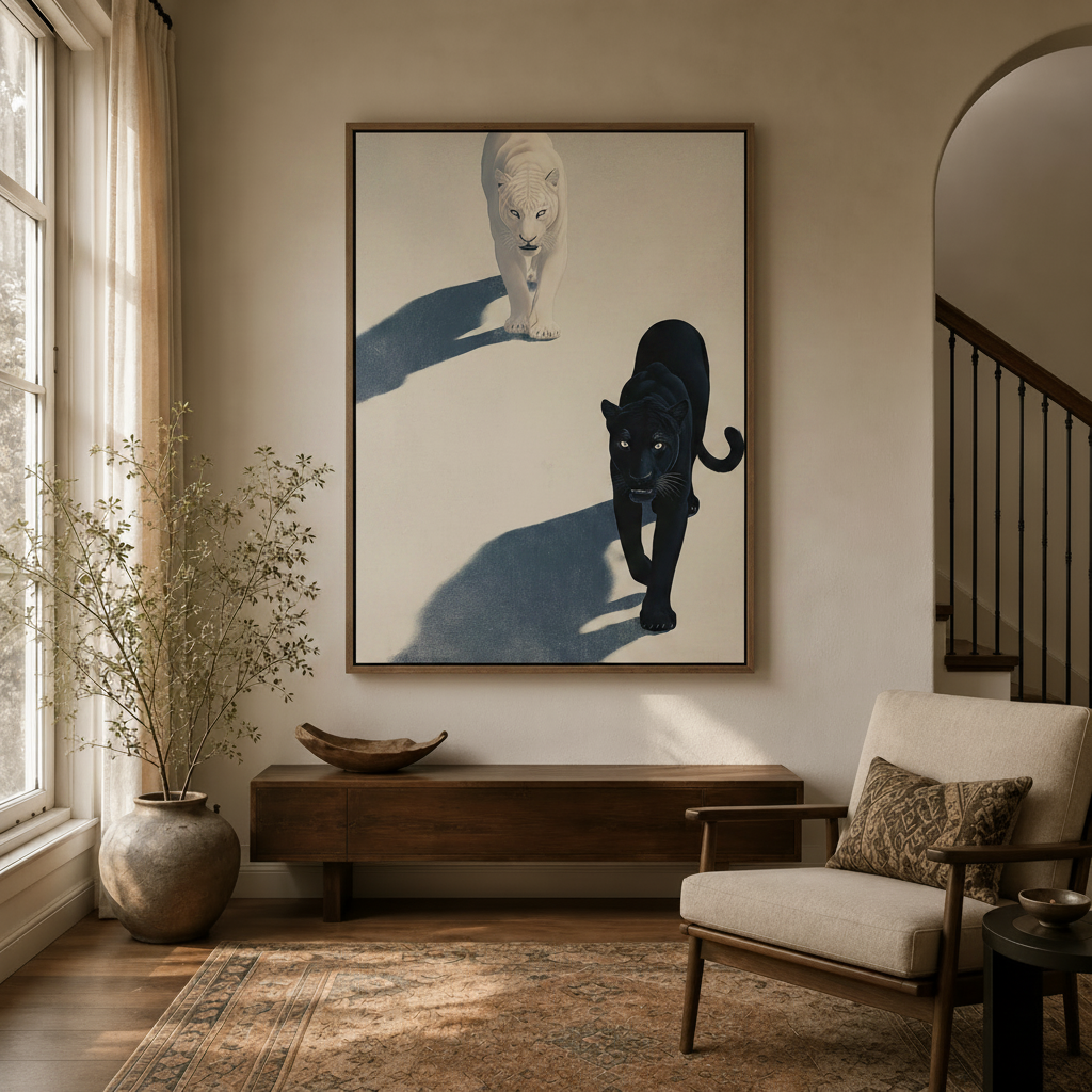 Striking panther wall art canvas hanging in elegant neutral entryway with natural light
