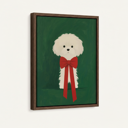 Framed canvas close-up of fluffy white dog with bold red bow on deep green background