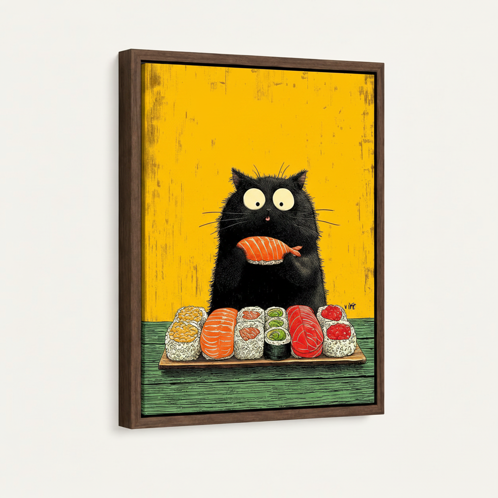 Framed canvas wall art featuring chubby black cat with sushi platter, dark walnut frame, angled product view