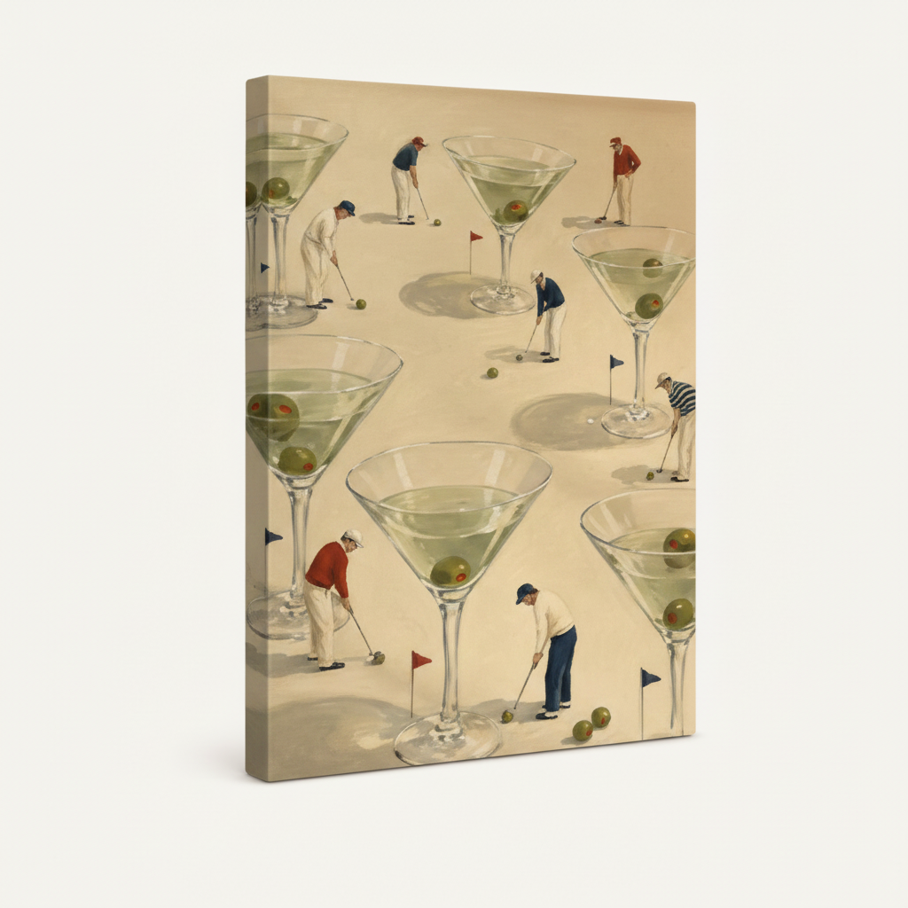 Stretched canvas print of miniature golfers among oversized martini glasses, cream background