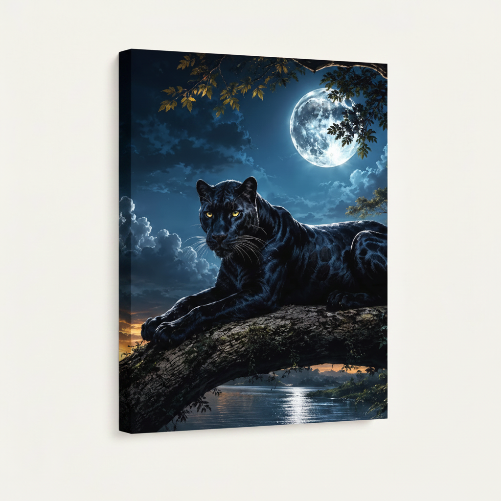 Dark wildlife black panther stretched canvas print – unframed oil painting with panther on ancient tree under deep blue moonlit sky by Aurewall