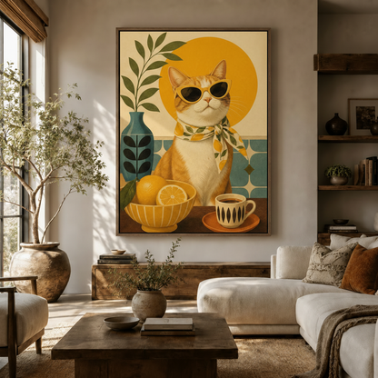 Large mid-century cat canvas wall art above console in bright modern living room