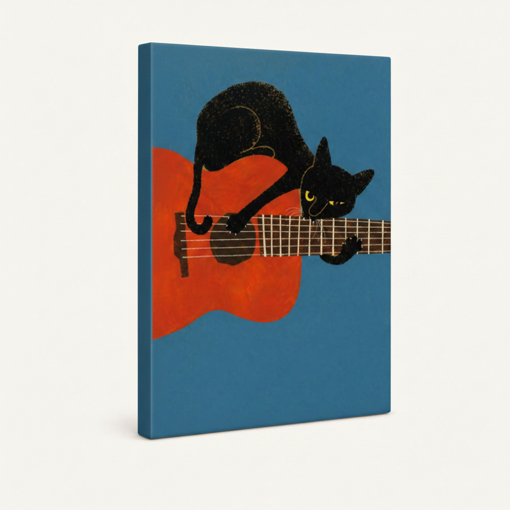 Gallery wrap canvas print of black cat on red guitar, side angle view on white background