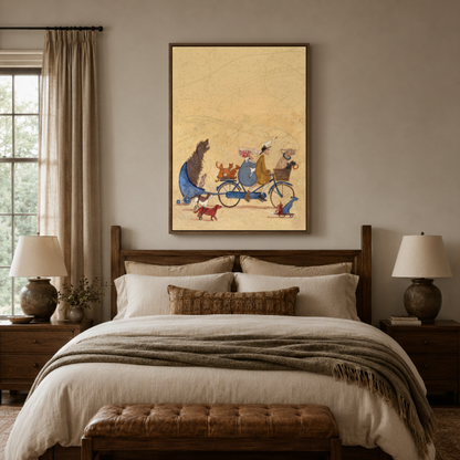Vintage animal bicycle canvas print in nursery – whimsical retro illustration with dressed bear duck and dog on bicycle as cheerful kids room wall decor by Aurewall