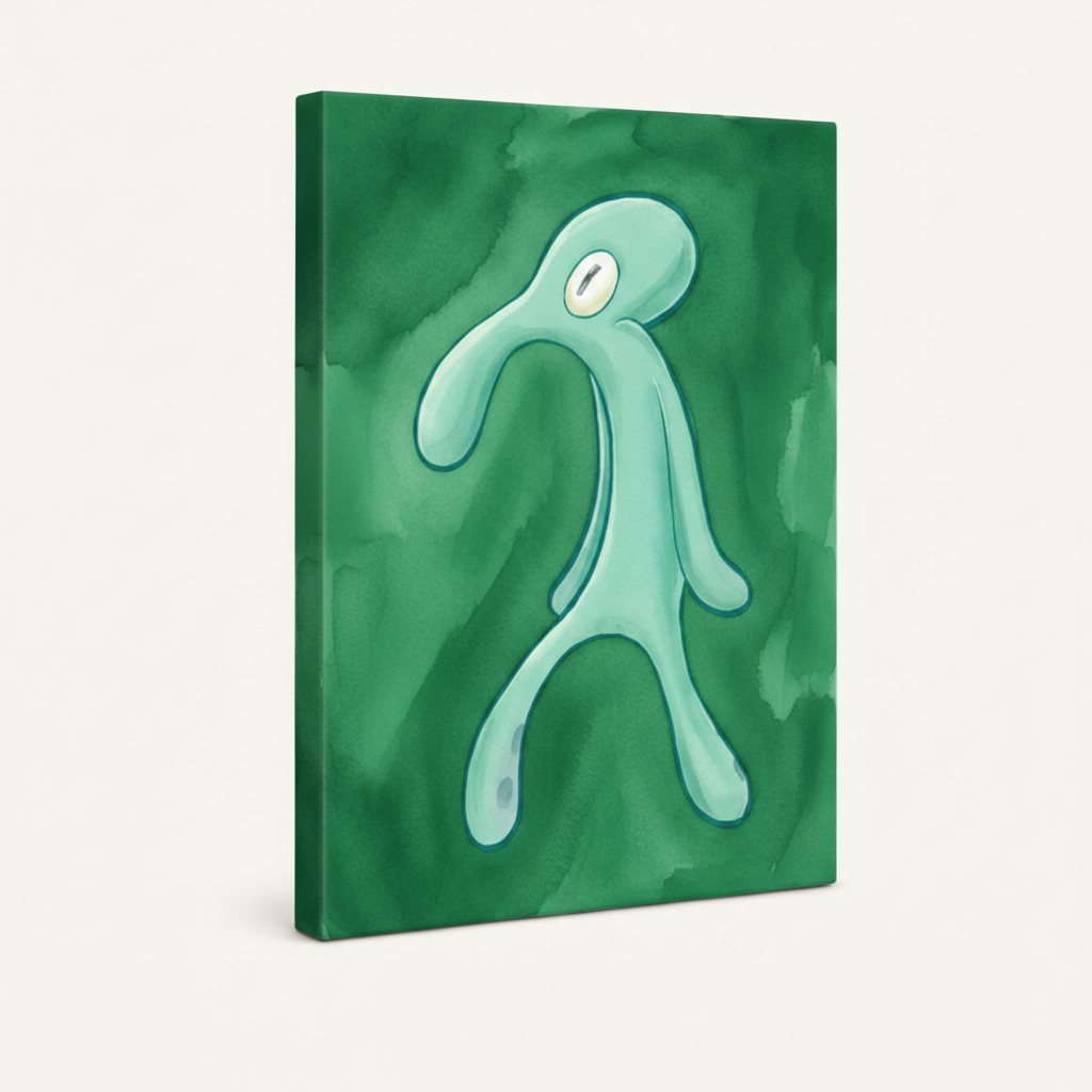Stretched canvas wrap of abstract squid watercolor, angled view with emerald green side edges